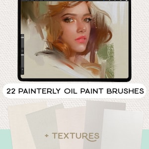 以下が含まれることがあります： 油絵の筆を使って、女性の姿を絵画風に描いたデジタルイラスト。タブレットの画面に「PROCREATE OILS」と「22 PAINTERLY OIL PAINT BRUSHES」の文字が表示されています。画像には「+ TEXTURES」と「ARTWORKBYGABRIELLE.COM」の文字も含まれています。