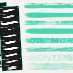 以下が含まれることがあります： ブラシの名前とその対応するブラシストロークのリストを示す白黒の画像。ブラシストロークは、黒い背景に白で表示されます。ブラシの名前には、「Reger」、「Tarp＆Paint」、「Painterly」、「Glossy Paint」、「Sketchy」、「Impasto」、「Tattered Brush」、「6.5 Ounce Paint Tub」、「Filbert」、「2 Ounce Paint Tube」、「Oil Paint」、「Paint Glob」、「Smudge Tool 1」、「Smudge Tool 2」、「Scratchy Canvas」、「Rough Canvas」、「Bright Brush」などがあります。