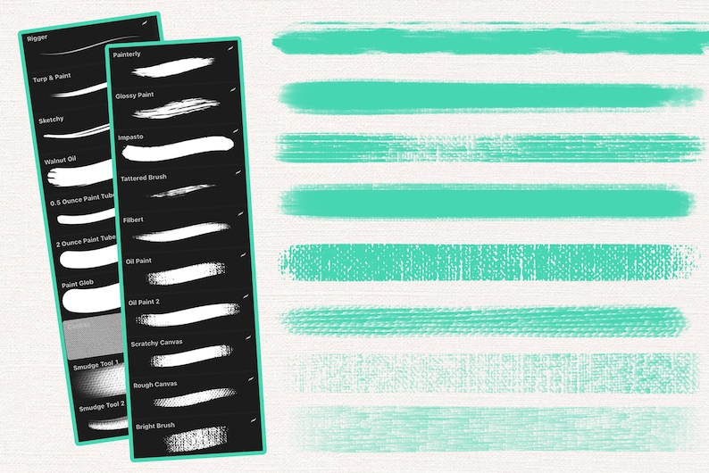 以下が含まれることがあります： ブラシの名前とその対応するブラシストロークのリストを示す白黒の画像。ブラシストロークは、黒い背景に白で表示されます。ブラシの名前には、「Reger」、「Tarp＆Paint」、「Painterly」、「Glossy Paint」、「Sketchy」、「Impasto」、「Tattered Brush」、「6.5 Ounce Paint Tub」、「Filbert」、「2 Ounce Paint Tube」、「Oil Paint」、「Paint Glob」、「Smudge Tool 1」、「Smudge Tool 2」、「Scratchy Canvas」、「Rough Canvas」、「Bright Brush」などがあります。