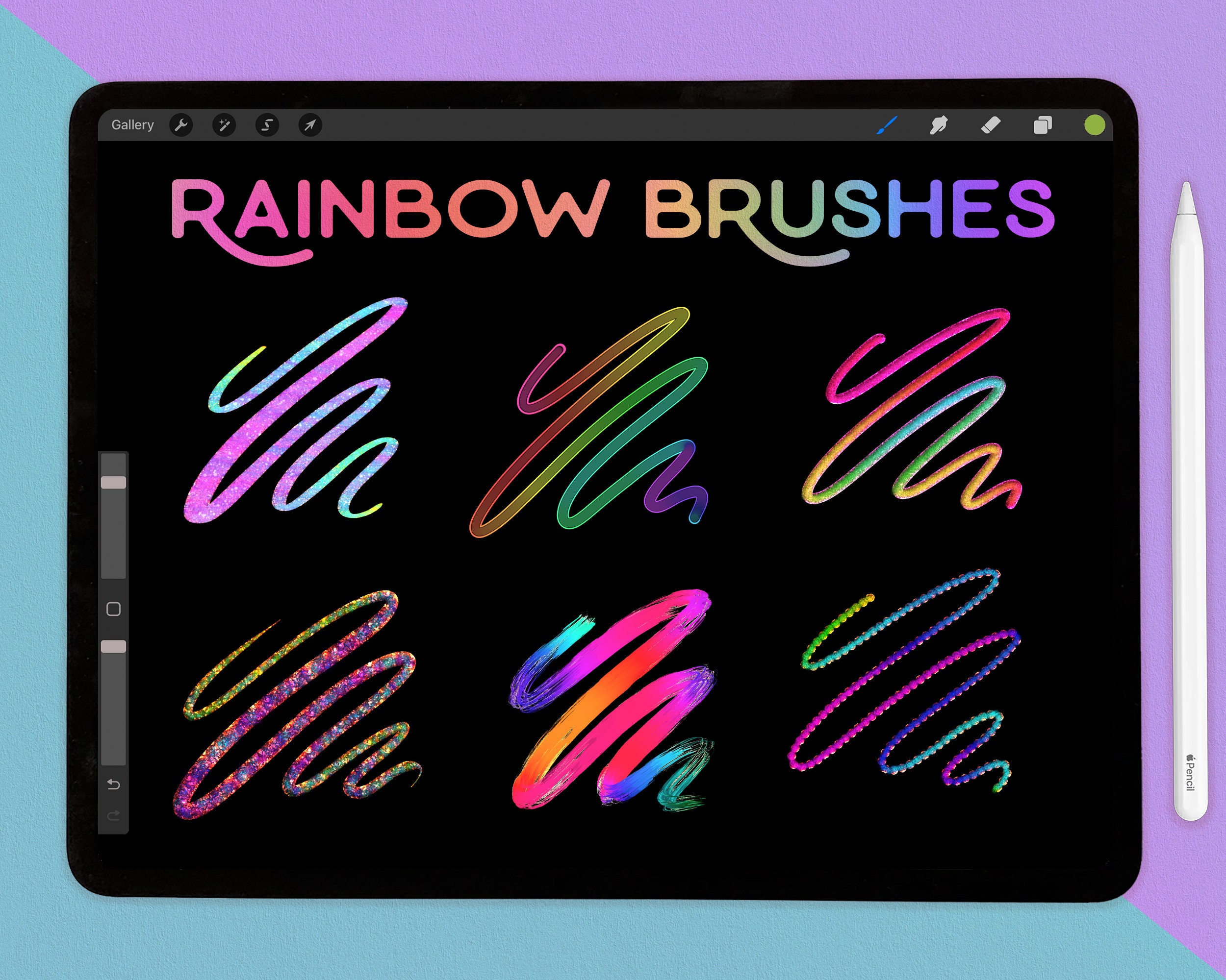Set de pinceles Rainbow para Procreate – 6 pinceles multicolor de lettering, 3D, glitter y contorno + paleta de color