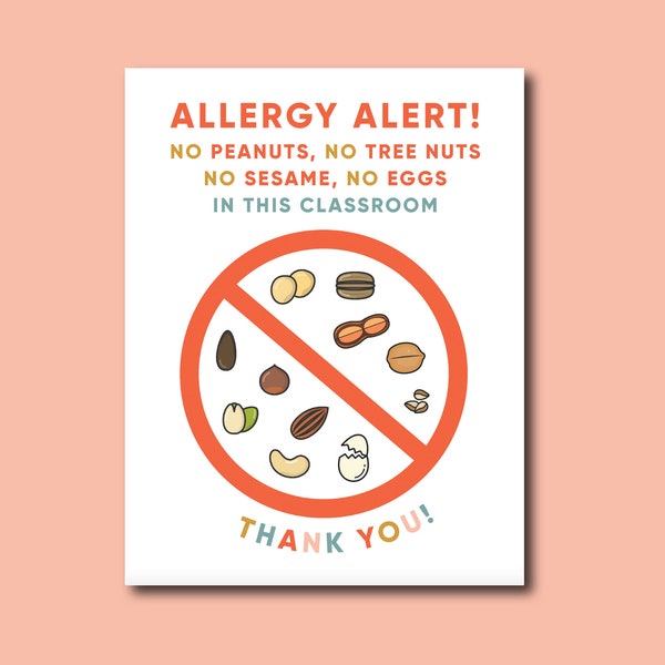 Classroom Peanut, Tree Nut, Sesame and Egg Allergy Sign