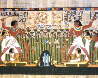 Vintage Egyptian Hand Painted Papyrus Depicts "Family Life Scene In Ancient Egypt", 17 x 13", 42 x 33 cm. Free US Shipping.