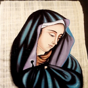 Vintage Hand Painted Egyptian Papyrus, The Blessed Virgin Mary, Queen of Heaven. Gouache, 17 X 13 inch. Free US Shipping