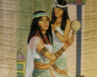 Vintage Hand Painted and Signed Egyptian Papyrus, Egyptian Daily Life, Pencil and Brush - Gouache,  15.50 X 11 inch. 40 X 30 cm