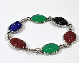 Vintage 800 Silver Egyptian Scarab Bracelet. England, 6 Glass Scarabs 18X14mm, 15.70 Grams, 8" L. Lobster Clasp, Free US Shipping