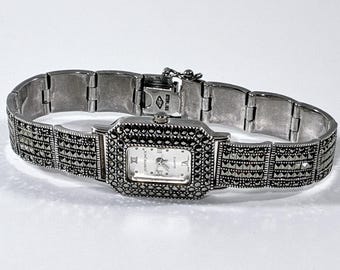 Vintage Judith Jack™ Sterling Silver Marcasite Watch, 5 Jewels Swiss Quartz, MOP Dial, 41 Grams, Signed. Full Overhaul. Free US Shipping