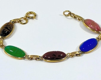Vintage 1950's Van Dell™ 12K Gold Filled Scarab Bracelet, 5 Carved Natural Gemstones Scarabs 16X10mm, 7.5" L. Signed, Free US Shipping