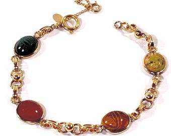 Vintage Bal-Ron™ 12K Gold Filled Scarab Bracelet, 4 Natural Gemstones Scarabs 12X10mm, Safety Chain. 7.25" L. Refinished, Free US Shipping