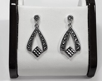 Vintage Sterling Silver Marcasite Victorian Dangle Earrings, 1.5" - 36mm Long, Round & Square Marcasite. 6 Grams, Polished, Free US Shipping
