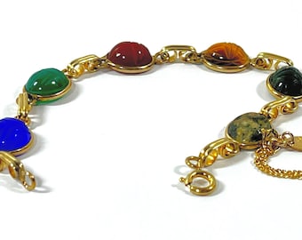 Vintage Burt Cassell™ 12K Gold Filled Scarab Bracelet, 6 Carved Gemstones Scarabs 12X10mm. Tiger's Eye, Unakite Etc. 7.5" L.Free US Shipping