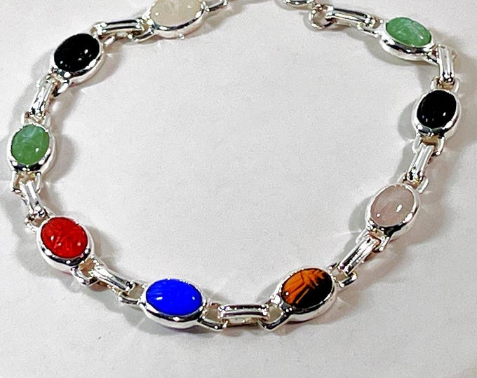 VTG FAS® Sterling Silver Scarab Bracelet, 9 Gemstone Scarabs 8X6mm, Jade, Chalcedony, Onyx, Tiger's Eye, Onyx Etc.  7.5" L. Free US Shipping