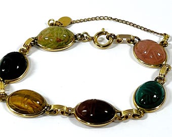 Vintage Burt Cassell™ 12K Gold Filled Scarab Bracelet, 6 Carved Gemstones Scarabs 16X12mm. Tiger's Eye, Unakite Etc. 7.5" L.Free US Shipping