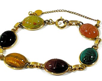 Vintage Burt Cassell™ 12K Gold Filled Scarab Bracelet, 6 Carved Gemstones Scarabs 16X12mm. Tiger's Eye, Unakite Etc. 7.5" L.Free US Shipping