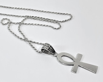 Sterling Silver Egyptian Ankh Necklace, Eternal Life Symbol, 18" Sterling Silver Rope Chain. 2" Ankh. 10.80 Grams. Free US Shipping.