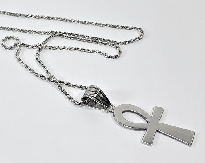Sterling Silver Egyptian Ankh Necklace, Eternal Life Symbol, 18" Sterling Silver Rope Chain. 2" Ankh. 10.80 Grams. Free US Shipping.
