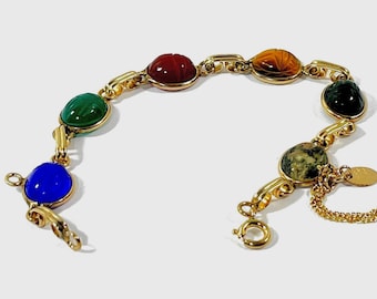 Vintage Burt Cassell™ 12K Gold Filled Scarab Bracelet, 6 Carved Gemstones Scarabs 12X10mm. Tiger's Eye, Unakite Etc. 7.5" L.Free US Shipping