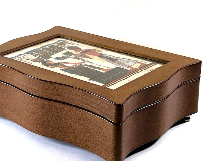 Vintage Artistic Jewelry Box, Glass Window W/ Hand Painted Egyptian Papyrus. Rings Section, Black Lining, 8" W. 6" L.  Free US Shipping.
