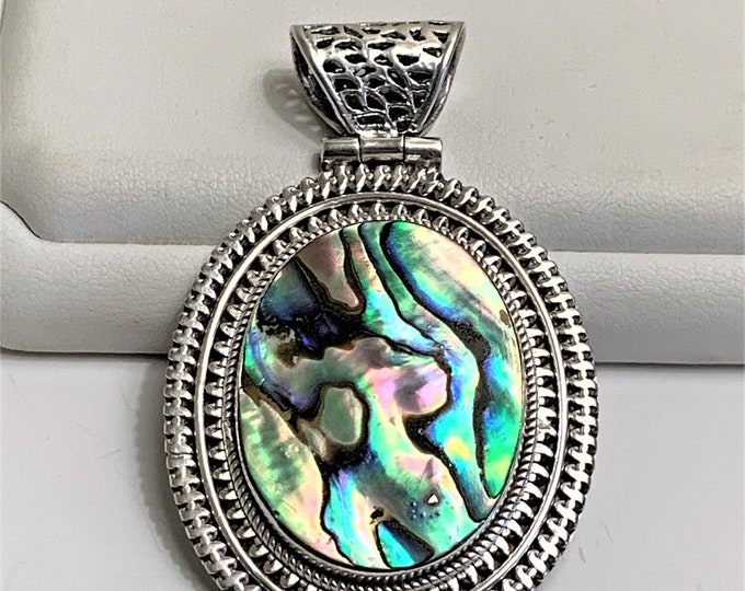 Abalone Shell Sterling Silver Pendant - Slide, Large Fiery Stone 30X25 mm, 2 1/2" Long - 1 3/8" Wide, 19.00 Grams.