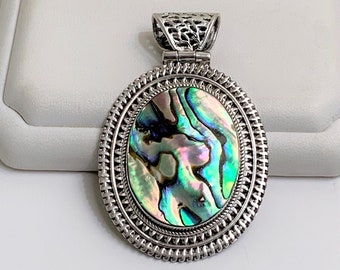 Abalone Shell Sterling Silver Pendant - Slide, Large Fiery Stone 30X25 mm, 2 1/2" Long - 1 3/8" Wide, 19.00 Grams.