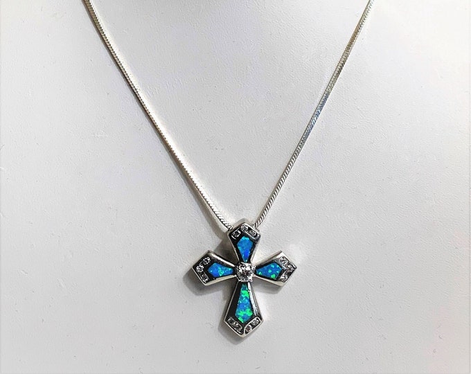 Sterling Silver Blue Opal Inlay Cross Necklace, CZ Accents, 16" Square Snake Chain, Made in Italy. Beautiful Necklace. Free US Shipping.