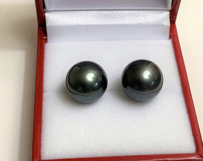 Natural Tahitian South Sea Round Black Pearl Earrings, 14K White Gold, Large Fine Quality Pearls 12 -12.20 mm, Grade AAA. Free US Shipping.