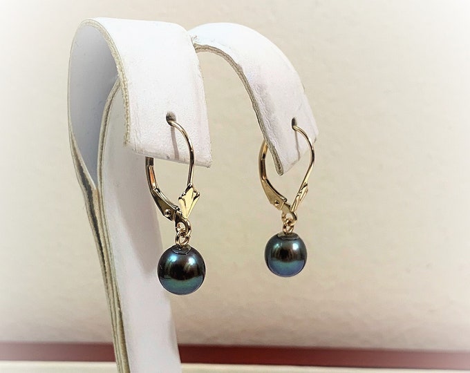 14KYellow Gold Cultured Black Pearl Dangle Earrings, Lever Backs, 7mm Pearls, 1" long.