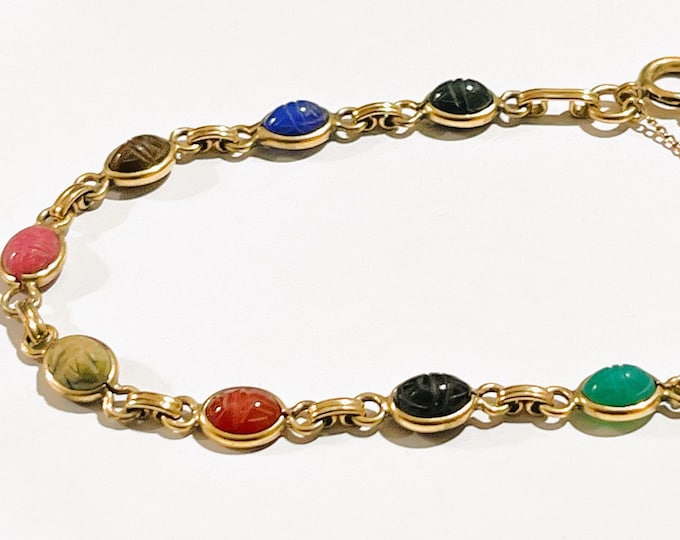 Vintage 12K Gold Filled Scarab Bracelet, 8 Gemstone Scarabs 8X6mm, Jade, Lapis, Onyx, Tiger's Eye Etc. Safety Chain. 7" L. Free US Shipping