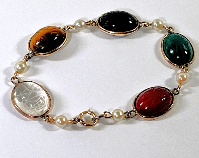 Vintage 14K Gold Filled Scarab Bracelet: Gemstone, Pearl, 1950s