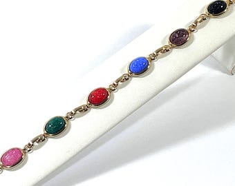 Vintage 1/20 14K Gold Filled Scarab Bracelet, 6 Lucite Multi Gem Colors Scarabs 12X8mm, Refinished. 7.5" L, Spring Clasp, Free US Shipping