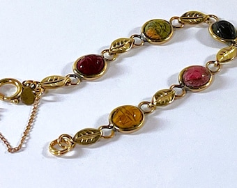 Vintage AMCO™ 14K Gold Filled Scarab Bracelet. 5 Carved Gemstone Scarab, 10X8mm, Tiger Eye, Unakite, Rhodonite, Etc. 7" L. Free US Shipping