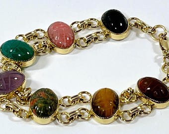 Vintage Carla® 14K Gold Filled Unique Scarab Bracelet. 7 Natural Gemstone Scarabs 14X10mm, 7.5" L. 17.50 Grams, Free US Shipping