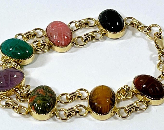 Vintage Carla® 14K Gold Filled Unique Scarab Bracelet. 7 Natural Gemstone Scarabs 14X10mm, 7.5" L. 17.50 Grams, Free US Shipping