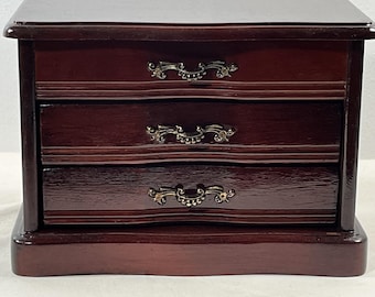 VTG Carved Wood Jewelry Chest, Lid W/Mirror, Rings Section, 2 Drawers, Restored. 9" W. 6.5" T. Free US Shipping.