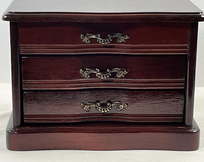 VTG Carved Wood Jewelry Chest, Lid W/Mirror, Rings Section, 2 Drawers, Restored. 9" W. 6.5" T. Free US Shipping.