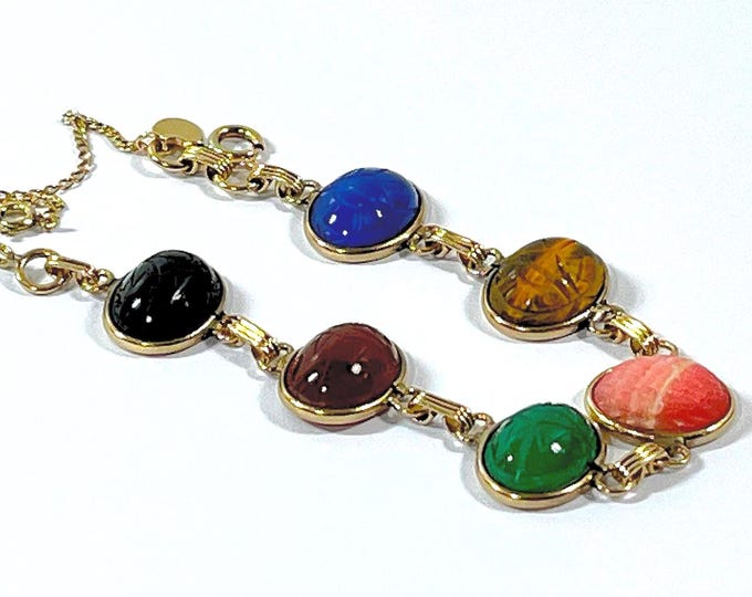 Vintage BM™ 12K Gold Filled Scarab Bracelet, 6 Large Natural Gemstones Scarabs 16X12mm, 16.80 Grams, 7.25" L. Refinished, Free US Shipping