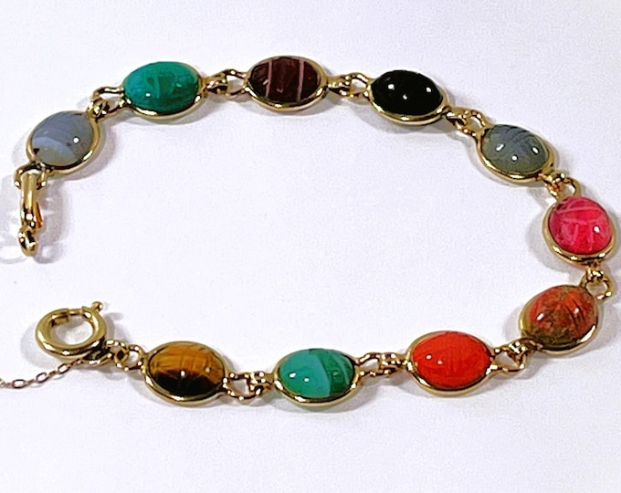 Vintage 1960's 1/20 12K Gold Filled Natural Gemstones Scarabs Bracelet, 10 Scarabs 9X7mm, Safety Chain. 7.5" L. Refinished, Free US Shipping