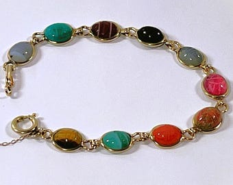 Vintage 1960's 1/20 12K Gold Filled Natural Gemstones Scarabs Bracelet, 10 Scarabs 9X7mm, Safety Chain. 7.5" L. Refinished, Free US Shipping