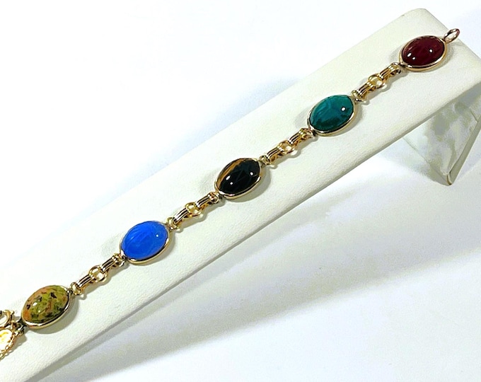 Vintage CRCO™ 1960's 12K Gold Filled Scarab Bracelet, 5 Carved Gemstones Scarabs 16X12mm, Safety Chain, Refinished. 7.5" L. Free US Shipping