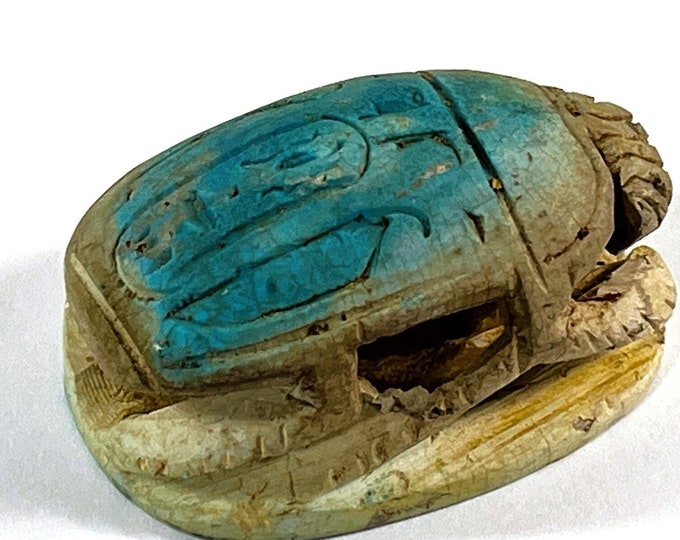 Vintage Ancient Egyptian Faience Ritual Scarab, Large Unique Amulet, Tell El-Amarna (Akhetaten City), Upper Egypt, 50 mm. Free US Shipping