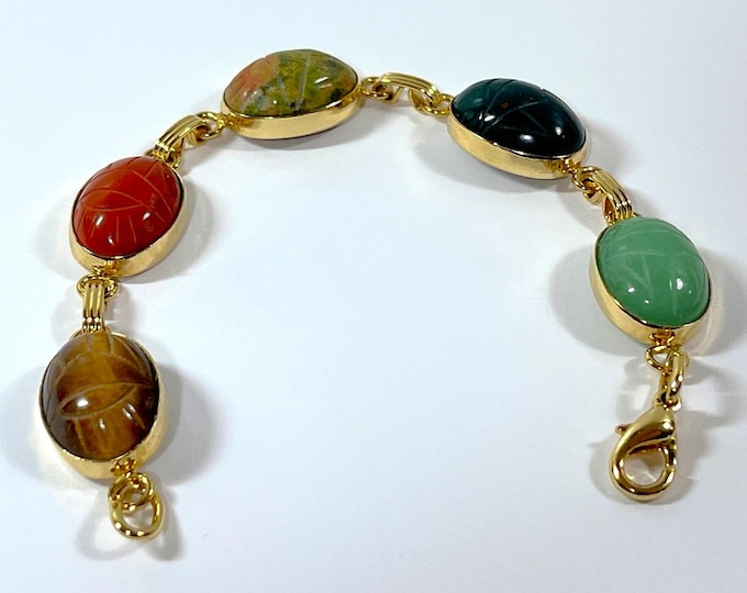 Vintage Carved Natural Gemstones Scarab Bracelet, 5 Large Scarabs 18X13mm, 18K RGP. Jade, Coral, Tiger's Eye, Unakite Etc. Free US Shipping.