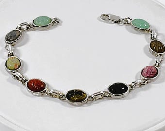 VTG FAS® Sterling Silver Scarab Bracelet, 9 Gemstone Scarabs 8X6mm, Jade, Coral, Onyx, Tiger's Eye, Onyx, Agate Etc.  7" L. Free US Shipping