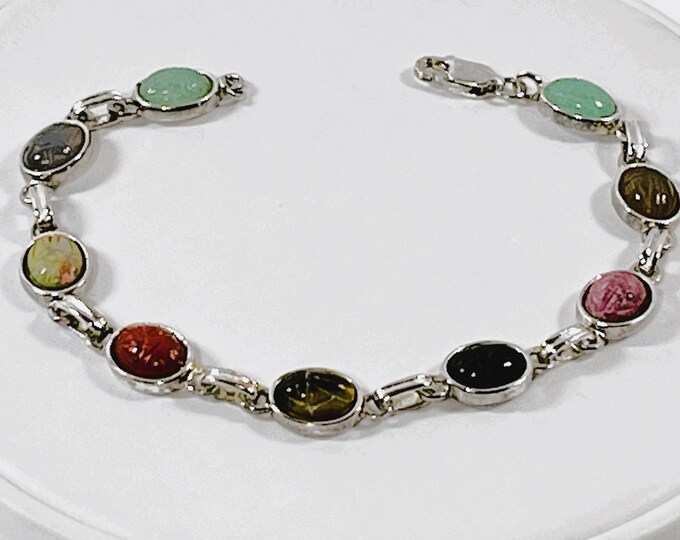 VTG FAS® Sterling Silver Scarab Bracelet, 9 Gemstone Scarabs 8X6mm, Jade, Coral, Onyx, Tiger's Eye, Onyx, Agate Etc.  7" L. Free US Shipping