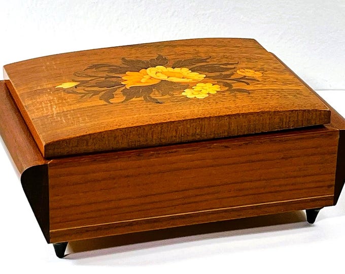 Reuge Swiss Music Box, Tune 'What I Did For Love' Crafted in Italy, Piano Finish. Inlaid Flowers, Top Grade, 7" W. 4.5" L. Free US Shipping