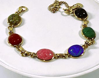 Vintage 1960 D'Abros™ 12K Gold Filled Scarab Bracelet, 6 Carved Gemstones Scarabs 11X9mm, Safety Chain, Refinished. 7.5" L. Free US Shipping