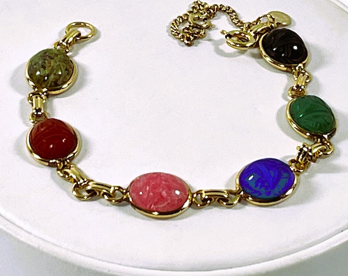 Vintage 1960 D'Abros™ 12K Gold Filled Scarab Bracelet, 6 Carved Gemstones Scarabs 11X9mm, Safety Chain, Refinished. 7.5" L. Free US Shipping