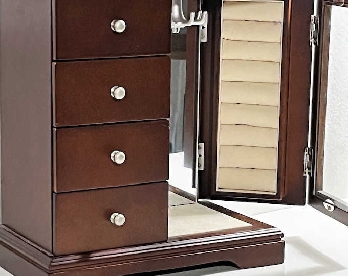 Vintage Solid Wood Jewelry Armoire, Hinged Double Door W/ Rings Tray, Mirror, Hangers. 4 Padded Drawers, 10" H. 9" W. Free US Shipping.