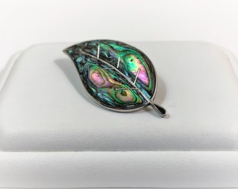 Vintage Abalone Inlay Leaf Sterling Silver Pin/Brooch Signed,  Cuernavaca - Mexico, 1 3/4" L - 1" W, Nice. Free US Shipping.