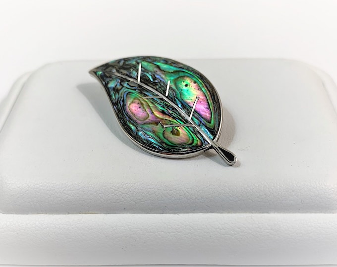 Vintage Abalone Inlay Leaf Sterling Silver Pin/Brooch Signed,  Cuernavaca - Mexico, 1 3/4" L - 1" W, Nice. Free US Shipping.