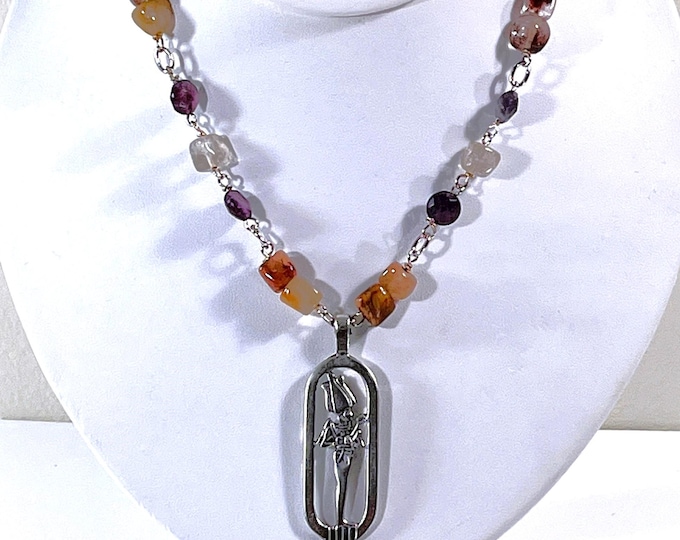 Vintage Egyptian Ritual Necklace, God 'Osiris' of Fertility & Resurrection, Sterling Silver and Semi-Precious Gems. 19" L. Free US Shipping.