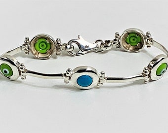 Vintage Hand Made Sterling Green Eyes & Blue Turquoise Bracelet, Hinged Bars and Bezels, 19.10 Grams. 7.5" L, Large Lobster Claw Clasp, NICE